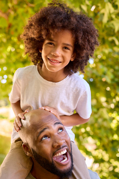 Father And Son In Summer Garden With Boy Riding On Dads Shoulders - Photo, image