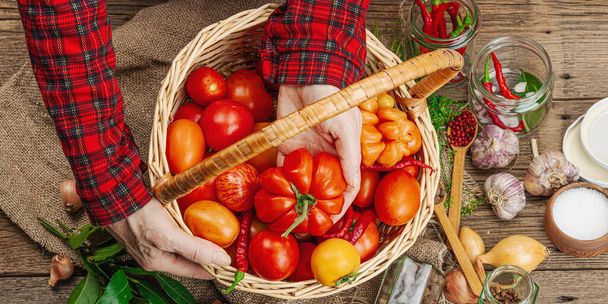 季節の野菜コンセプトを保存しました. トマト,チリ,グリーン,オニオン,ニンニクの収穫. 女性の手は缶詰食品,調理プロセスのための成分を準備します. 健康的なレシピ,家庭料理,バナーフォーマット - 写真・画像