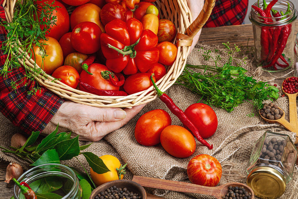 Preserved season vegetable concept. Harvest of tomato, chili, greens, onion and garlic. Woman's hands prepare ingredients for canned food, cooking process. Healthy recipes, home cuisine, close up - Photo, Image