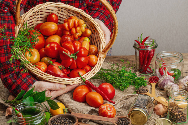 Säilötty kausi vihannes käsite. Sato tomaattia, chiliä, vihanneksia, sipulia ja valkosipulia. Naisen kädet valmistaa ainesosia säilykkeitä, ruoanlaitto prosessi. Terveellisiä reseptejä, kotiruokaa, kopioi tilaa - Valokuva, kuva