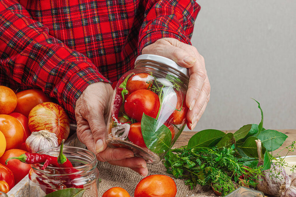 Preserved season vegetable concept. Harvest of tomato, chili, greens, onion and garlic. Woman's hands prepare ingredients for canned food, cooking process. Healthy recipes, home cuisine, copy space - Photo, Image