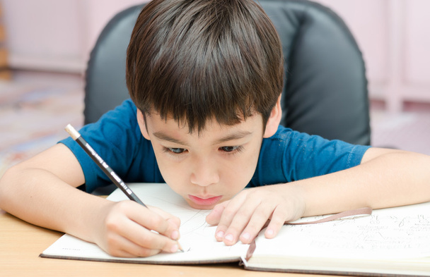 Pieni poika kirjoittaa läksyjä huoneessa
  - Valokuva, kuva