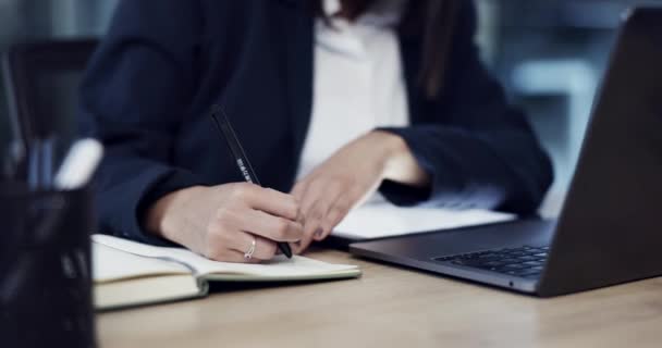 Business woman, hands and writing in schedule planning, strategy or ideas on book at office desk. Closeup of female person or employee taking notes with pen for agenda, plan or tasks at workplace. - Footage, Video