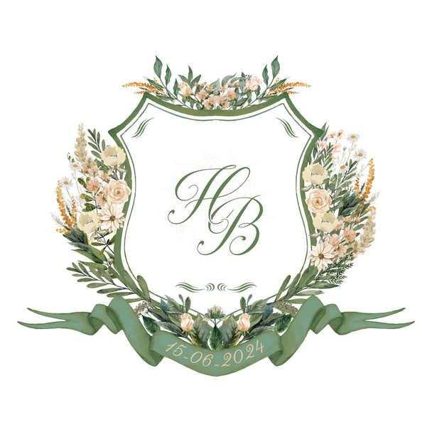Festett esküvői monogram HB, BH kezdeti akvarell virágcímer. Akvarell halványsárga virágok, mély zöld levelek, és címer határ vektor illusztráció sablon. - Vektor, kép