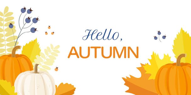 Herfst spandoek met pompoenen, herfstbessen en sinaasappelbladeren geïsoleerd op een witte achtergrond. Vectorillustratie. - Vector, afbeelding