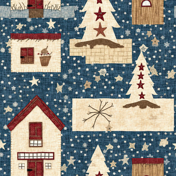 原始的な手縫い生地効果のロシアの国クリスマスのコテージ. 居心地の良いノスタルジックなシャビーシックなホームスペースの冬の手作りの工芸品スタイルシームレスなパターン - 写真・画像