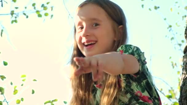 Smějící se holčička ukazuje prstem dopředu na kameru, zatímco sedí na stromě v létě - Záběry, video