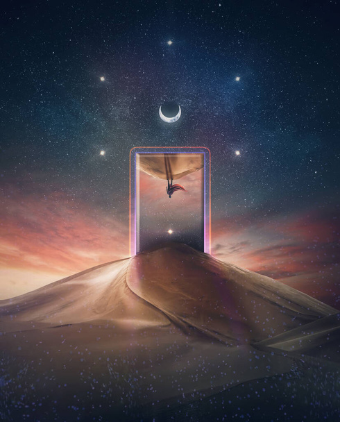 Otwarty równoległy portal świata i tajemnicza osoba z bohaterską peleryną odbija się w neonowej bramie na środku pustyni pod magicznym nocnym niebem z unikalnymi symbolami astralnymi - Zdjęcie, obraz
