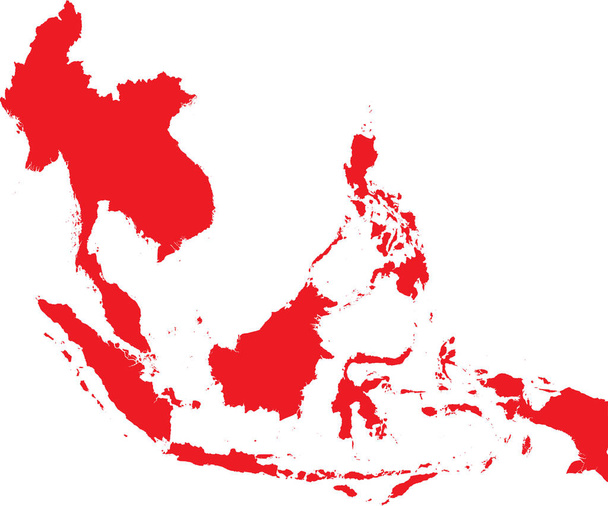 Carte détaillée au pochoir plat de couleur CMJN rouge de la région de l'ASIE DU SUD-EST sur fond transparent - Vecteur, image