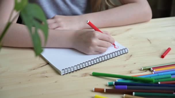 Ένα κορίτσι με γκρι μπλουζάκι ζωγραφίζει με στυλό τσόχας σε ένα άλμπουμ, κάθεται σε ένα ξύλινο τραπέζι σε κοντινό πλάνο. Η έννοια της δημιουργικότητας, χόμπι, ανάπτυξη παιδιών, κατ 'οίκον εκπαίδευση, online μαθήματα. - Πλάνα, βίντεο