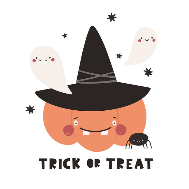 Roztomilá kreslená dýňová postava a duchové na Halloween, čarodějnický klobouk. Znakový vektor v plochém stylu. - Vektor, obrázek