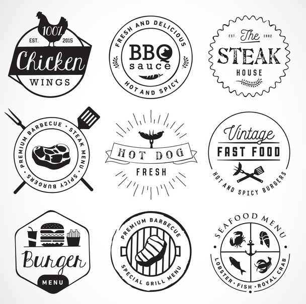 Grill, Barbecue, Burger, Hot Dog, Seafood Design Elements in Vintage Style - Vektör, Görsel