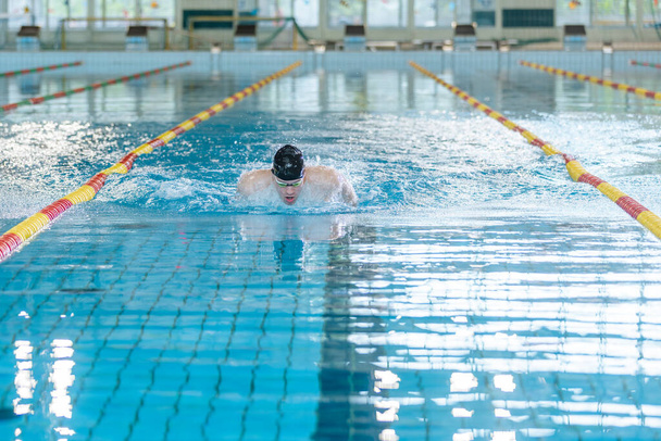 Professional male swimmer performing butterfly style in the indoor lap pool lane, front view. Success, motivation, and effort concept. - Valokuva, kuva