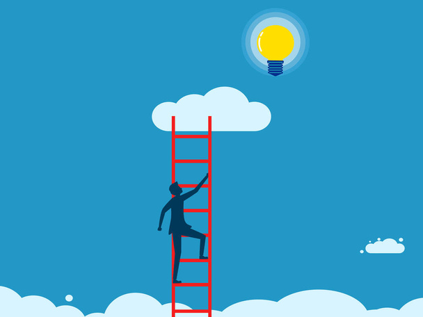 new hope arises. Businessman climbs a ladder to catch a light bulb vector - Vector, Image