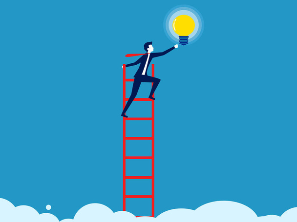 Development of knowledge and abilities. Businessman climbs a ladder to grab a light bulb vector - Vector, Image