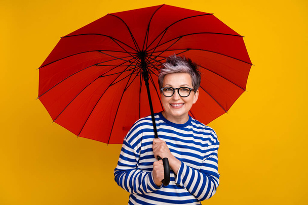 Photo of cheerful adorable lady wear striped sailor shirt hold umbrella enjoy walk isolated on yellow color background. - Фото, зображення