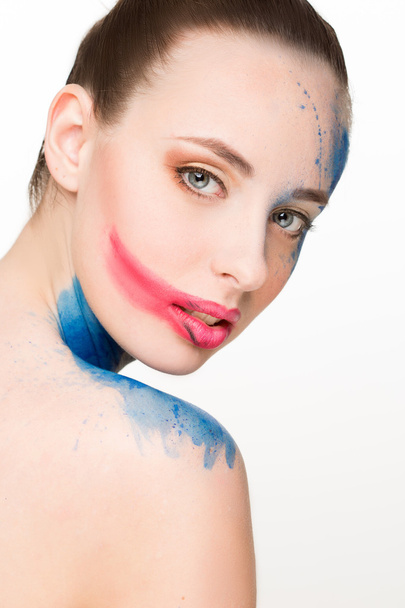 beautiful woman. make-up colour paint painting, - 写真・画像