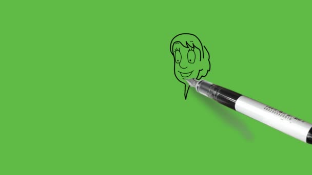 dibujar niña sentarse en la silla hacer el trabajo en la computadora usar auriculares y altavoz o micrófono con contorno negro sobre fondo abstracto pantalla verde    - Imágenes, Vídeo