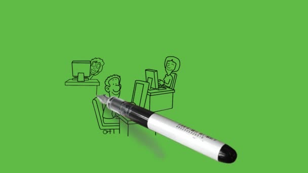 tekenen drie persoon zitten afzonderlijk op stoel werk op computers en hun assistent vinden bestanden van almirah met zwarte omtrek op abstract groen scherm achtergrond    - Video
