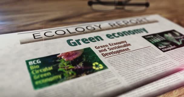 Πράσινη οικονομία βιο κυκλική και φιλική προς το περιβάλλον οικονομία καθημερινή εφημερίδα στο τραπέζι. Τίτλοι ειδήσεων αφηρημένη έννοια 3d. - Πλάνα, βίντεο
