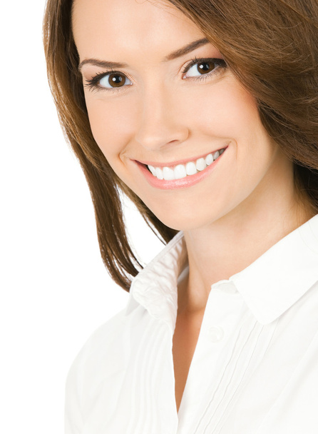 Portrait of smiling young businesswoman, on white - Foto, Imagen