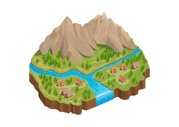 Isometrische berg met rivier en dorp. geïsoleerd op wit - Vector, afbeelding