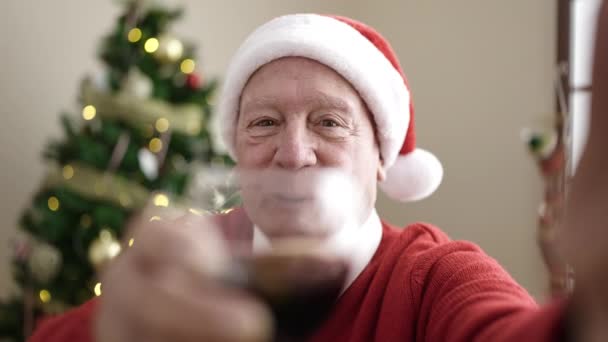 senioren drinken wijn doet video call thuis - Video