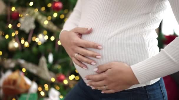 Νεαρή έγκυος γυναίκα γιορτάζει Χριστούγεννα αγγίζοντας την κοιλιά στο σπίτι - Πλάνα, βίντεο