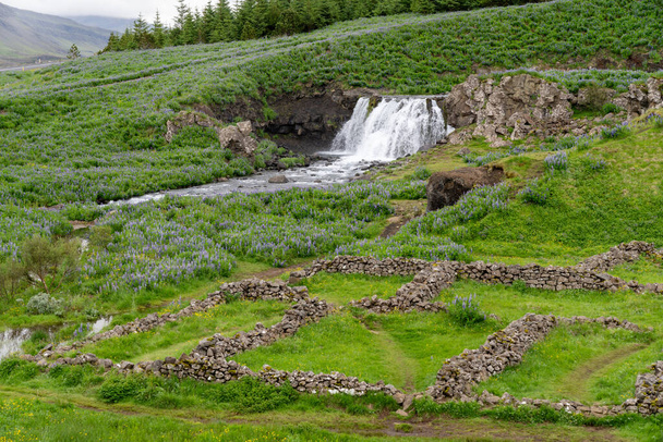 Фоссаретт это небольшой водопад в реке Фосса вдоль кольцевой дороги, путь к Глимурскому водопаду, в Исландии - Фото, изображение