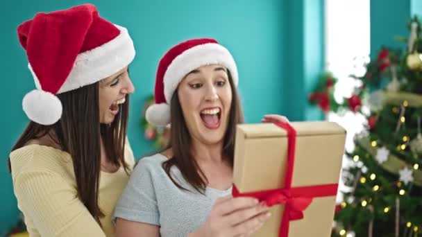 Dwie kobiety zaskakujące prezentem świątecznym w domu - Materiał filmowy, wideo