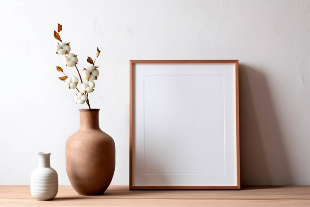 Frame and poster mock up in living room with coton branch in clay vase. Scandinavian interior. - Photo, Image