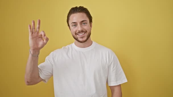 Jonge Spaanse man glimlachend zelfverzekerd doen ok teken over geïsoleerde gele achtergrond - Video