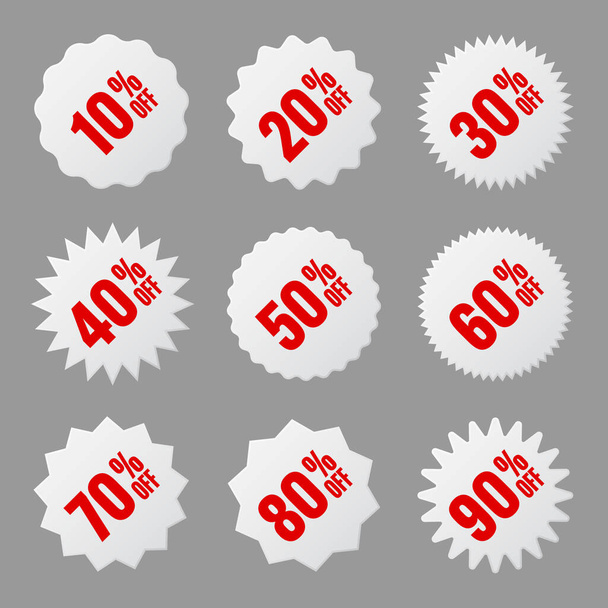 Price tags collection, special offer or shopping discount label with percent, discount percentage value. White turned retail paper sticker. Promotional sale badge. Vector illustration. - Vector, Image