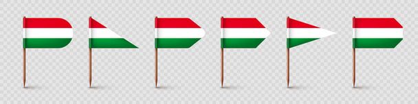Realistické různé maďarské párátka vlajky. Suvenýr z Maďarska. Dřevěné párátka s papírovou vlajkou. Značka polohy, ukazatel mapy. Prázdná maketa pro reklamu a propagaci. Vektorová ilustrace. - Vektor, obrázek