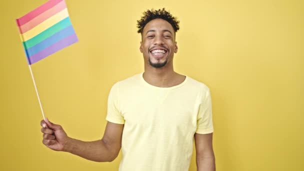 孤立した黄色の背景の上に虹の旗を保持する自信を持って笑っているアフリカ系アメリカ人男性 - 映像、動画