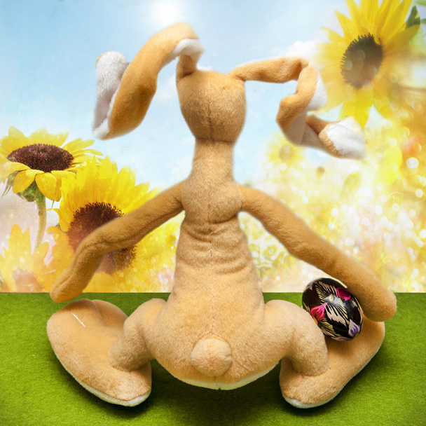 Conejito de juguete de composición de Pascua sosteniendo una flor contra el cielo
 - Foto, imagen