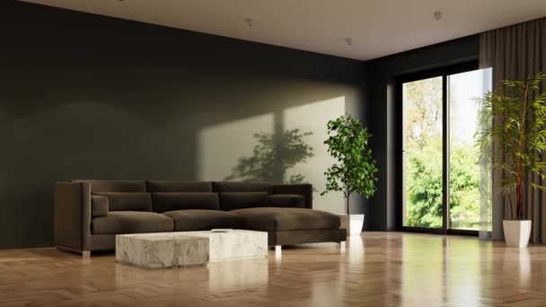 3D video vykreslující záběry současného interiérového designu obývacího pokoje. Stylový interiér obývacího pokoje - Záběry, video