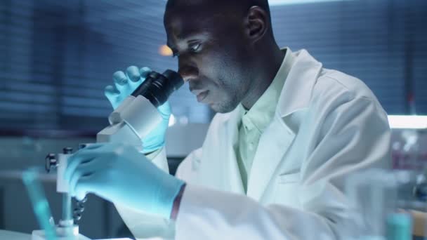 Scienziato nero in guanti sterili e camice da laboratorio che guarda attraverso il microscopio mentre fa ricerca in laboratorio - Filmati, video