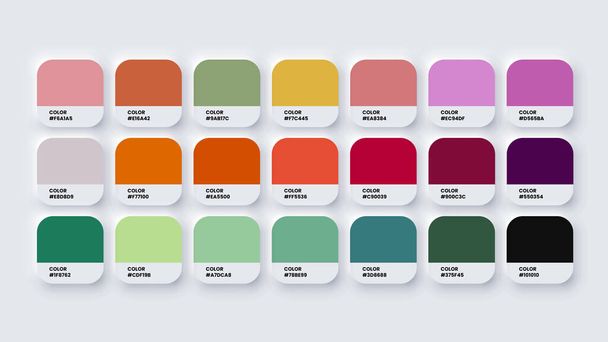 Kleurenpalet, Kleurstalen in RGB, HEX kleuren, Verf kleurenpalet, Heldere kleur in HEX-codes catalogus, Pastel kleurtonen. Vectorillustratie - Vector, afbeelding