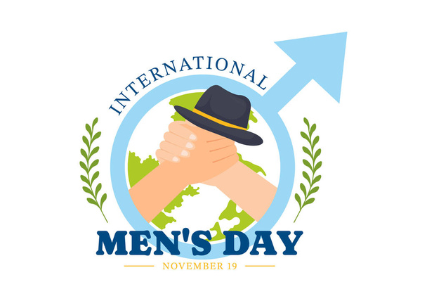 19 Kasım 'da Uluslararası Erkekler Günü Vektör İllüstrasyonunda Erkekler Ailelerinin Düz Çizgi Film Arkaplan Tasarımı İçin Pozitif Değer Teçhizatlarıyla - Vektör, Görsel