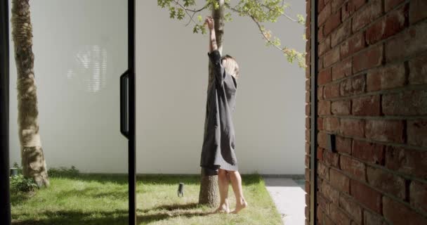 Genç bir kadın arka bahçede dinleniyor, ağaca dokunuyor ve güneşli yaz gününde yeşil çimlerde yalınayak yürüyor. Doğa bağlantısı kavramı - Video, Çekim
