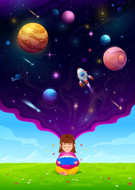 Child girl on summer meadow reading a book and dreaming about space flight. Cute girl vector character with thought bubble of cartoon universe, rocket, galaxy planets, stars, meteors and asteroids - Vector, Image
