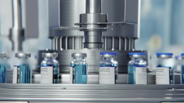 Close-up van de medische ampul productielijn bij Modern Modern Pharmaceutical Factory. Glazen ampullen worden gevuld. Productieproces van geneesmiddelen. - Video