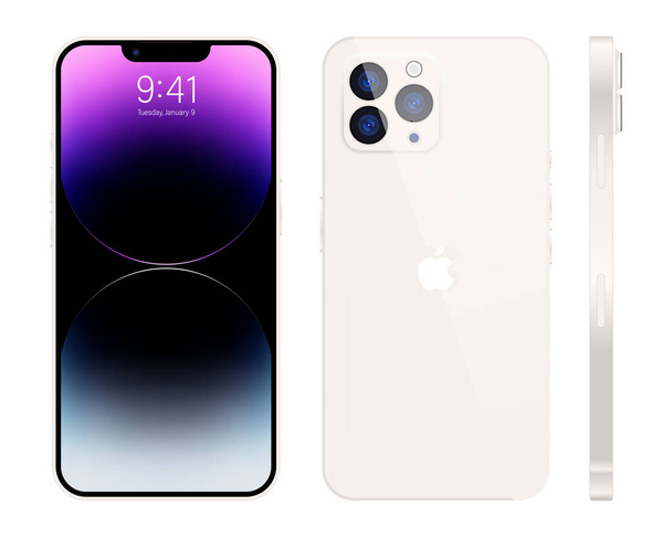 Új iPhone 15 pro, pro max fehér színű Apple Inc. Mock-up képernyő iphone és hátsó oldali iphone. Kiváló minőség. Hivatalos bemutató. Szerkesztőség. - Vektor, kép