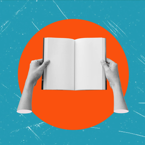 Art Collage: Kéz egy könyv egy kék háttér belsejében egy narancssárga kör. A tanulás és az oktatás fogalma - Fotó, kép