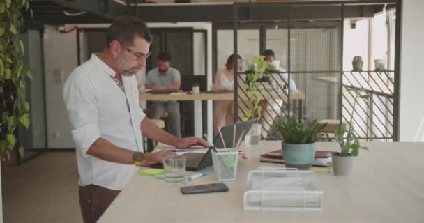 Gerente sênior do sexo masculino trabalhando sozinho em sua mesa, enquanto seus colegas estão trabalhando juntos em segundo plano no escritório durante a hora de verão - Filmagem, Vídeo