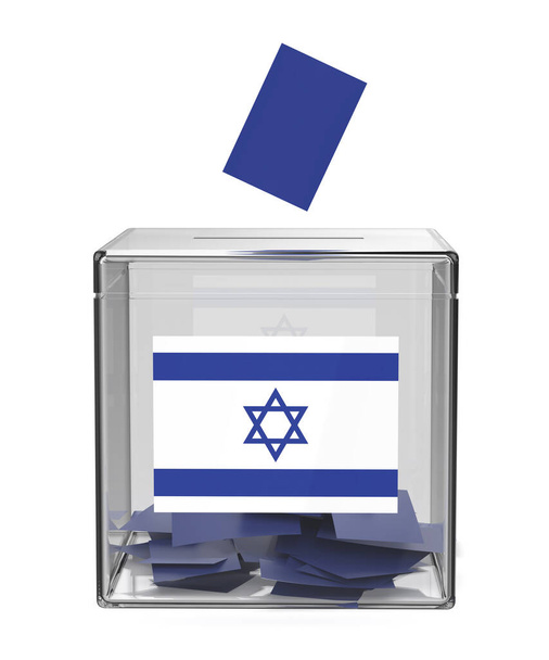 Przejrzysta urna do głosowania z flagą Izraela, koncepcyjny obraz wyborów w Izraelu - Zdjęcie, obraz