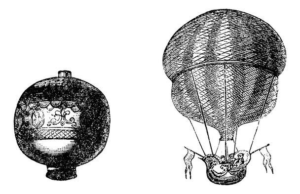 πρώτη μπαλόνι ή θερμού αέρα μπαλόνι, vintage Χαρακτική - Διάνυσμα, εικόνα