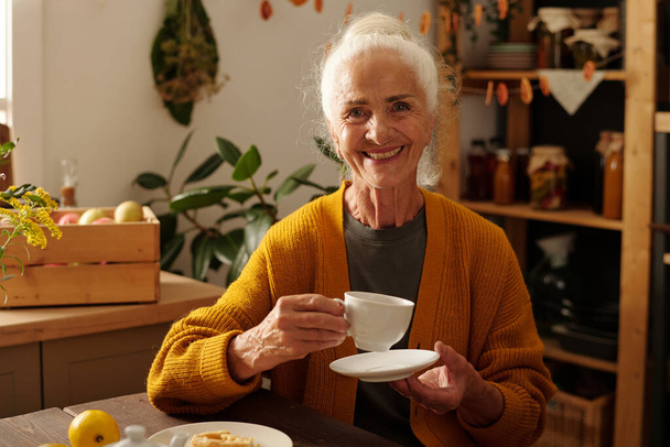 Szczęśliwa seniorka z siwymi włosami trzymająca filiżankę ziołowej herbaty i spodka siedząc w kuchni wiejskiego domu i patrząc na ciebie - Zdjęcie, obraz