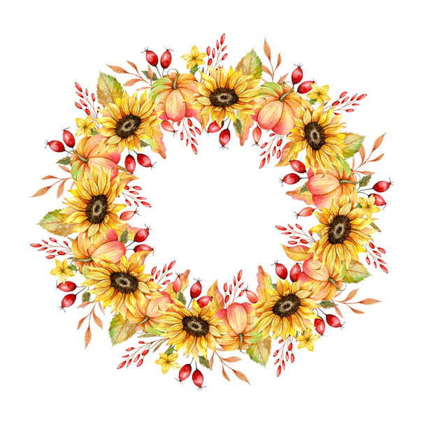 Осенний день благодарения рамка с акварелью тыквы и зелени, цветочный венок благодарения. Осенняя цветочная рамка с тыквами, ягодами и листьями - Фото, изображение